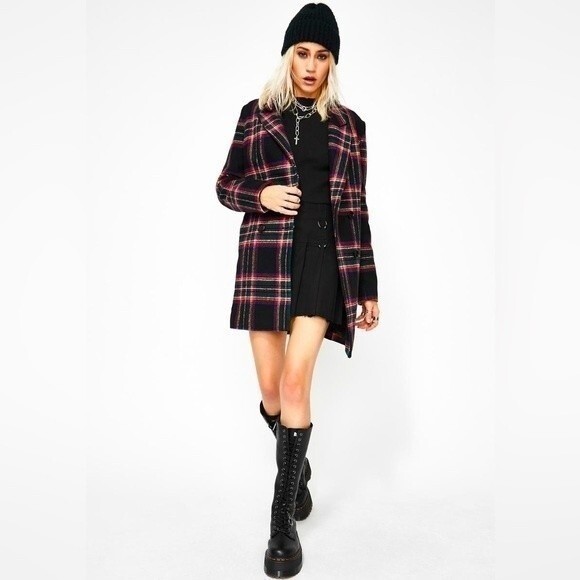 Dolls Kill Current Mood Mutual Disrespect Plaid Wool Pea Coat L - Picture 4 of 16